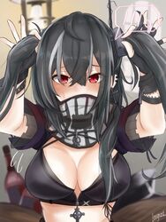  absurdres adjusting_hair alternate_hairstyle arms_up azur_lane black_gloves black_hair black_tank_top blurry blush bottle breasts cleavage commentary_request covered_mouth cross cross_earrings depth_of_field earrings embarrassed eyes_visible_through_hair female fingerless_gloves gloves highres jewelry large_breasts leogust long_hair looking_at_viewer official_alternate_costume red_eyes scarf sidelocks signature solo spoken_blush sweatdrop tank_top twintails u-47_(azur_lane) u-47_(eigenen_raum)_(azur_lane) 