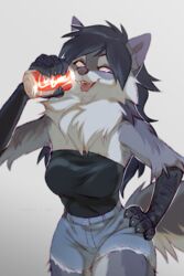  2022 anthro avian azzai beverage_can black_hair bottomwear breasts canid canine clothed clothing coca-cola dated female female_anthro food food_fetish forearms hair hand_on_hip hi_res hioshiru_(character) hybrid mammal open_mouth scaled_forearms scales shorts simple_background smile solo suggestive suggestive_food teeth tongue topwear white_background 