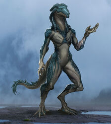  absurd_res alien amaal_wan-jafaar anthro athavan blue_eyes bumi_(species) digitigrade dune_(series) exposure_variation featureless_chest featureless_crotch female flat_chested head_tails hi_res lizard nude reptile scales scalie solo standing turquoise_body turquoise_scales white_body white_scales 