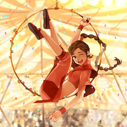  artist_name avatar:_the_last_airbender avatar_legends braid braided_ponytail breasts brown_eyes brown_hair confetti crop_top feet_up female flats full_body gymnastics gymnastics_ring hair_tie high_collar highres long_hair looking_at_viewer medium_breasts midriff one_eye_closed open_mouth pants pink_pants pink_shirt red_footwear shirt smile solo swept_bangs swinging syertse teeth ty_lee upper_teeth_only wide_sleeves wristband 