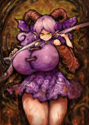  2b-ge animal_humanoid armwear big_breasts bovid bovid_humanoid breasts caprine caprine_humanoid clothed clothing curled_hair cutlery detached_sleeves digital_media_(artwork) dress ear_piercing ear_ring female goat_humanoid hair hi_res horizontal_pupils horn huge_breasts humanoid humanoid_pointy_ears kitchen_utensils light_body light_skin looking_at_viewer mammal mammal_humanoid piercing pupils purple_clothing purple_dress ring_piercing sharp_teeth solo spoon teeth thick_thighs tools touhou white_hair yellow_eyes yuuma_toutetsu 