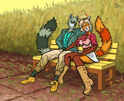  ailurid anthro autumn autumn_leaves band_merch band_shirt bedroom_eyes bench billy_anderson blonde_hair blue_oyster_cult boots bottomwear breasts clothing cloud crop_top curvy_figure dress_shoes duo fan_character female fluffy fluffy_tail footwear furgonomics gopher_chucks grey_body hair hand_holding hand_in_hair hand_on_leg hand_on_thigh head_pat head_rub head_tuft hi_res jacket leaf love male male/female mammal medium_breasts narrowed_eyes one_eye_closed orange_body overcast park park_bench pattern_clothing pattern_topwear perspective petting plant procyonid raccoon red_panda romantic romantic_couple seductive shirt short_hair shrub skirt sky smile spots spotted_clothing spotted_topwear tail tail_through_skirt topwear touching_hair tuft yellow_sky 