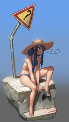  ... ? absurdres bent bikini blue_background blue_bikini blue_eyes blue_hair collarbone crack female fingernails flip-flops gradient_background graffiti hat highres korean_commentary long_hair navel original pjman road_sign sandals scratches sign single_sandal sitting solo speech_bubble spoken_ellipsis straw_hat swimsuit torn_clothes torn_hat 