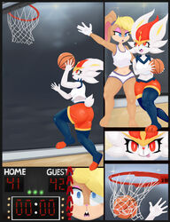  2021 absurd_res anthro ball basketball basketball_(ball) basketball_hoop board cinderace competition duo english_text female focused generation_8_pokemon hi_res jumping lagomorph leporid lola_bunny looney_tunes mammal nebssik nintendo pokemon pokemon_(species) rabbit scoreboard surprised_expression text warner_brothers 