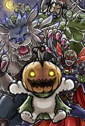  anthro axe bakemon bandai_namco belt blonde_hair blue_body blue_fur boltmon brass_knuckles bzecu0mihjv7okr claws cloth clothed clothing digimon digimon_(species) ear_piercing ear_ring food for_a_head fruit fur green_body group hair halloween holidays humanoid jack-o&#039;-lantern looking_at_viewer male melee_weapon metal moon myotismon object_head piercing plant pumpkin pumpkin_head pumpkinmon ring_piercing sharp_teeth star teeth weapon weregarurumon white_body white_fur 