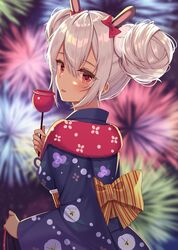  animal_ears azur_lane bag blush candy_apple commentary_request double_bun evening fake_animal_ears female fireworks food from_behind hair_between_eyes hair_bun hair_ribbon highres holding holding_bag holding_food izumo_neru japanese_clothes kimono kinchaku laffey_(azur_lane) laffey_(snow_rabbit_and_candy_apple)_(azur_lane) licking long_sleeves looking_at_viewer looking_back obi official_alternate_costume pouch rabbit_ears red_eyes ribbon sash short_hair sidelocks solo tongue tongue_out white_hair wide_sleeves yukata 