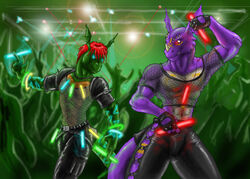  2008 anthro avoid_posting bandai_namco blacklight blue_eyes dancing digimon dragon dragoneer_(character) duo_focus eye_contact fakemon fan_character glowing glowing_eyes glowstick group hair leather lizard looking_at_another male max-dragon murasadramon mythological_creature mythological_scalie mythology nightclub rave raver red_eyes red_hair reptile scalie 