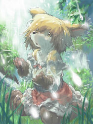  3:4 4_fingers alternative_fashion anthro barefoot biped black_nose brown_body brown_eyes brown_fur brown_hair canid canine clothed clothing day digital_media_(artwork) dress feet female fingers fur grass hair j-fashion kemono kneeling lolita_(fashion) low_res mammal oekaki off_shoulder outside plant pose short_hair solo tatotake_mono water waterfall white_body white_fur young 