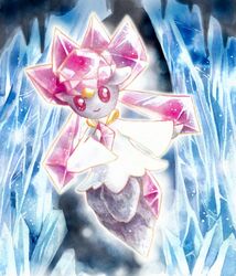  asakirirokuyu bad_id bad_pixiv_id crystal diancie mega_diancie mega_pokemon no_humans painting_(medium) pink_eyes pokemon pokemon_(creature) smile solo traditional_media watercolor_(medium) 