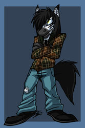  2013 angry anthro biped black_body black_clothing black_footwear black_fur black_hair black_shoes black_tail blue_border border bottomwear clothed clothing cross crossed_arms digital_media_(artwork) equid equine fatalsyndrome footwear front_view full-length_portrait fully_clothed fur grey_background grey_bottomwear grey_clothing grey_pants hair hair_over_eye hi_res long_hair male mammal multicolored_body multicolored_fur one_eye_obstructed pants portrait shoes signature simple_background snout solo standing tail two_tone_body two_tone_fur vincenzo_moretti white_body white_fur yellow_eyes zebra 