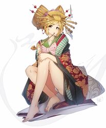  animal_print bandit_tycoon_(granblue_fantasy) bare_legs barefoot blonde_hair butterfly_print comb commentary djeeta_(granblue_fantasy) eyeshadow feet female full_body granblue_fantasy hair_ornament hair_stick holding holding_smoking_pipe japanese_clothes kanzashi kimono kiseru kojitsunagi_(pattern) lipstick makeup nihongami oiran panties pantyshot pipe_in_mouth short_hair simple_background sitting smoking_pipe solo tilt-shift_(azalanz) underwear white_background white_panties yellow_eyes yuujo 