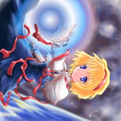  alice_margatroid blonde_hair blue_dress blue_eyes capelet closed_mouth dress energy_ball female hairband long_sleeves myau outstretched_arm red_hairband short_hair smile solo touhou white_capelet 