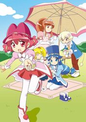  1boy 4girls altessa_(futagohime) blonde_hair fine_(futagohime) fushigiboshi_no_futago_hime hat leonne_(futagohime) lion_boy miniskirt multiple_girls pantyhose picnic red_skirt rein_(futagohime) skirt tio_(futagohime) ueda_yuu 