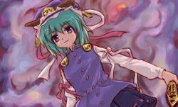  aqua_hair blue_eyes blush bow dutch_angle female hat myau ribbon rod_of_remorse shiki_eiki short_hair skirt solo touhou 