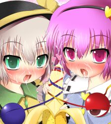  banana blush dress hairband hat komeiji_koishi komeiji_satori open_mouth semen short_hair silver_hair suggestive tagme tongue touhou 