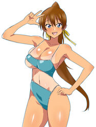  blue_eyes blush breasts brown_hair cleavage clothing_cutout commentary_request cowboy_shot female hair_ribbon hand_on_own_hip highleg highleg_swimsuit highres kagemusha large_breasts long_hair looking_at_viewer navel oerba_yun_fang one-piece_swimsuit one-piece_tan open_mouth original partial_commentary ponytail ribbon skindentation smile solo standing stomach_cutout swimsuit tan tanlines thighs underboob w yellow_ribbon 