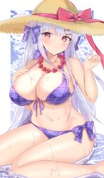  absurdres azur_lane bad_id bad_pixiv_id bikini breasts commentary cygnet_(azur_lane) cygnet_(sea_star_on_shore)_(azur_lane) female flower flower_necklace front-tie_bikini_top front-tie_top hair_ornament hairclip hat highres kisahipi large_breasts light_smile looking_at_viewer official_alternate_costume oppai_loli plaid plaid_bikini plaid_ribbon purple_bikini ribbon solo straw_hat sun_hat swimsuit 