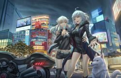  2girls artoria_pendragon_(fate) belt black_footwear black_jacket black_ribbon black_shirt black_shorts boots canine cavall_the_2nd city cityscape commentary_request fate/grand_order fate_(series) food fur_trim gaius_julius_caesar_(fate) hair_between_eyes hair_ribbon hand_on_another&#039;s_hip hand_on_another&#039;s_shoulder highres hooh_lin jacket jeanne_d&#039;arc_alter_(fate) jeanne_d&#039;arc_alter_(ver._shinjuku_1999)_(fate) long_hair looking_at_viewer motor_vehicle motorcycle multiple_girls navel oda_nobunaga_(fate) oda_nobunaga_(koha-ace) official_alternate_costume outdoors photoshop_(medium) ponytail popsicle purple_jacket ribbon saber_alter saber_alter_(ver._shinjuku_1999)_(fate) samoyed_(dog) shirt short_hair short_shorts shorts thigh_boots thighhighs video_camera white_belt white_hair yellow_eyes 