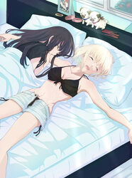  2girls bad_id bad_pixiv_id bed bed_sheet bikini bikini_under_clothes black_bikini black_hair black_shirt blonde_hair breasts breasts_apart closed_eyes futaba_(rei-futaba) groin highres indoors inoue_takina lycoris_recoil lying medium_breasts midriff multiple_girls navel nishikigi_chisato on_back on_bed on_stomach open_fly open_mouth pillow saliva shirt shorts side-tie_peek sleeping swimsuit t-shirt unbuttoned unzipped white_shorts window yuri zipper zipper_pull_tab 