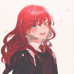  blush breasts collared_shirt commentary_request female green_eyes gryffindor happy harry_potter_(series) hogwarts_school_uniform jacket kurosujuu lily_evans long_hair looking_at_viewer necktie open_mouth petals photoshop_(medium) red_hair red_necktie school_uniform shirt simple_background smile solo sweater upper_body wind wizarding_world 