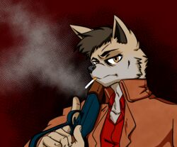  anthro canid canine canis cigarette cigarette_in_mouth cigarette_smoke clothed clothing coyote digital_media_(artwork) ditzz gun lever_action lever_action_rifle male mammal object_in_mouth ranged_weapon scar simple_background smoke solo weapon 