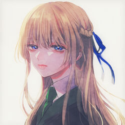  blonde_hair blue_eyes blue_ribbon braid closed_mouth commentary_request female french_braid green_necktie hair_ribbon harry_potter_(series) highres hogwarts_school_uniform kurosujuu lips long_hair looking_at_viewer narcissa_malfoy necktie photoshop_(medium) portrait ribbon school_uniform simple_background slytherin solo wizarding_world 