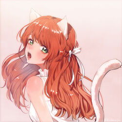  animal_ears bare_shoulders braid breasts cat_ears cat_girl cat_tail commentary_request eyelashes female french_braid frills from_behind green_eyes harry_potter_(series) kurosujuu lily_evans long_hair looking_at_viewer looking_back open_mouth orange_hair photoshop_(medium) pink_background ribbon sleeveless solo tail upper_body white_ribbon wizarding_world 