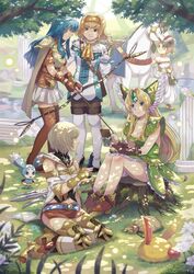  6+girls alternate_form ashelia_b&#039;nargin_dalmasca bad_id bad_pixiv_id blonde_hair blue_hair bow_(weapon) cape chrono_trigger commentary crossover dragon_quest dragon_quest_viii eirika_(fire_emblem) final_fantasy final_fantasy_xii fire_emblem fire_emblem:_the_sacred_stones flower grass highres horse looking_at_another marle_(chrono_trigger) medea_(dq8) mieu_(tales) miniskirt multiple_crossover multiple_girls natalia_luzu_kimlasca_lanvaldear plant rabite_(seiken_densetsu) riesz saddle seiken_densetsu seiken_densetsu_3 sitting skirt smile tales_of_(series) tales_of_the_abyss thighhighs touyama_sairi trait_connection tree_stump weapon 