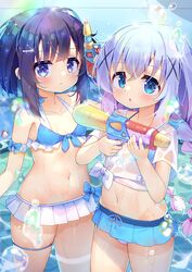  2girls bikini blue_bikini blue_bow blue_eyes blunt_bangs bow braid breasts bubble_gun closed_mouth commentary cowboy_shot crossed_bangs frilled_bikini frills front-tie_bikini_top front-tie_top fuiba_fuyu gochuumon_wa_usagi_desu_ka? hair_ornament halterneck highres holding kafuu_chino long_hair looking_at_viewer multiple_girls navel open_mouth parted_lips purple_eyes purple_hair shirt short_hair short_sleeves side-tie_shirt small_breasts swimsuit taku_michi twin_braids wading wet wet_clothes wet_shirt white_shirt x_hair_ornament 