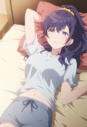  1girls ai_generated asahina_mafuyu bed bedroom belly belly_button big_breasts blush bottomwear breasts clothed clothing female female_focus female_only hair_ornament high_resolution highres laying_down laying_on_back laying_on_bed navel on_back on_bed pillow ponytail pov project_sekai purple_eyes purple_hair shirt shorts solo solo_female solo_focus thighs topwear tummy 