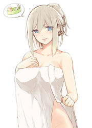  breasts commentary_request female hair_up hand_on_own_chest highres large_breasts lexington_(warship_girls_r) naked_towel out-of-frame_censoring parted_lips simple_background smile solo speech_bubble towel warship_girls_r white_background white_hair wrench xiao_shei.. 