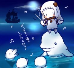  abyssal_ship beamed_eighth_notes beluga_whale blush chibi cloud colored_skin commentary_request conductor dolphin dress eighth_note female horizon horns kantai_collection kobone long_hair mittens moon music musical_note night night_sky northern_ocean_princess ocean one_piece quarter_note ship silhouette singing single_horn sky sleeveless sleeveless_dress solo standing_on_another&#039;s_head thousand_sunny translated watercraft white_dress white_hair white_skin |_| 