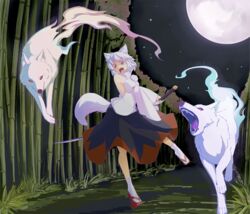  animal_ears arched_back armband attack bamboo bamboo_forest black_skirt commentary_request detached_sleeves fangs female forest full_moon geta grass holding holding_sword holding_weapon inubashiri_momiji kokutei_n legs long_skirt moon moonlight nature night night_sky open_mouth outdoors path pom_pom_(clothes) red_eyes road shaded_face short_hair skirt sky sleeveless solo spirit star_(sky) sword tabi tail teeth tengu-geta tongue touhou turtleneck vanishing_point weapon white_hair white_legwear wolf wolf_ears wolf_tail 