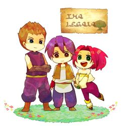  2girls 4boys blue_hair brown_eyes brown_hair chibi gala green_eyes legaia_densetsu lowres meta_(legaia_densetsu) multiple_boys multiple_girls noa_(legaia_densetsu) ozma pink_hair playstation ra-seru sandals smile terra_(legaia_densetsu) vahn vest 