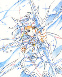  aoki_reika arrow_(projectile) bad_id bad_pixiv_id blue_theme bow_(weapon) colored_pencil_(medium) cure_beauty female foreshortening gensei-225 partially_colored precure serious smile_precure solo traditional_media weapon 