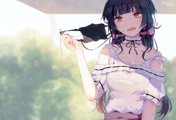  :o arm_up armpits black_hair black_mask blurry blush bow choker collarbone commentary_request depth_of_field earrings female frilled_choker frilled_sleeves frills hair_ornament hair_scrunchie hairbow idolmaster idolmaster_shiny_colors inaeda_kei jewelry looking_at_viewer looking_down low_twintails mask_around_one_ear mayuzumi_fuyuko neck_ribbon outdoors ribbon scrunchie shade shiny_clothes shiny_skin solo strap_slip sweat sweatdrop twintails upper_body 