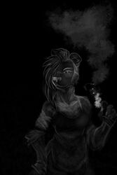  2021 2:3 anthro bear biped black_background breasts clothed clothing digital_media_(artwork) female giant_panda mammal monochrome pav shirt simple_background smoke solo standing topwear 