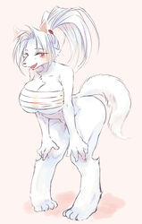  anthro bandage big_breasts bottomless breasts canid canine cleavage clothed clothing female female_anthro fox fur hair hands_on_knees hands_on_legs hands_on_own_knees hands_on_own_legs hi_res hindpaw holding_both_knees holding_both_legs htg kemono knock-kneed leaning leaning_forward leaning_on_self mammal open_mouth open_smile paws pink_background ponytail red_eyes simple_background smile solo white_body white_fur white_hair 