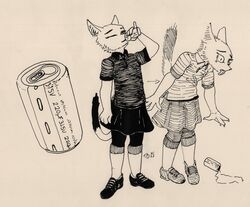  absurd_res anthro beverage beverage_can bottomwear capacitor cheek_tuft clothed clothing digital_media_(artwork) disgust domestic_cat drinking english_text facial_tuft felid feline felis female footwear fur fur_tuft furgonomics hi_res holding_object inner_ear_fluff mammal monochrome monoxromatik multicolored_body multicolored_fur open_mouth shirt simple_background skirt socks soda solo spilled_drink tail tail_through_skirt text tongue tongue_out topwear tuft 