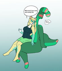  absurd_res anthro aquatic_gastropod blush clothed clothing domestic_cat dominant dominant_female duo felid feline felis female gastropod hi_res humanoid long_neck male male/female mammal marine mollusk on_lap sea_slug shy simple_background sitting_on_lap slug tail thick_tail thick_thighs timid tyler_(the_sea_slug) tyler_3d_(artist) 