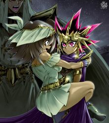  2boys armlet armor artist_name atem bare_shoulders belt black_hair blonde_hair blue_eyes breasts brown_hair cape dark-skinned_female dark-skinned_male dark_skin derivative_work dress eye_of_horus female forehead_protector head_out_of_frame highres hug leg_lock long_hair mahado mana_(yu-gi-oh!) millennium_puzzle millennium_ring multicolored_hair multiple_boys night open_mouth outdoors purple_cape purple_eyes purple_hair scene_reference screenshot_redraw shoes shoulder_armor spiked_hair star_(sky) sweat the_golden_smurf wristband yu-gi-oh! yu-gi-oh!_duel_monsters 