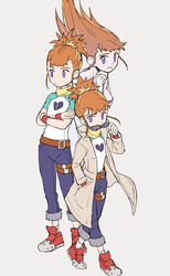  3girls adjusting_eyewear also55688 belt broken_heart brown_belt brown_coat coat digimon digimon_tamers grey_background heart long_hair looking_over_eyewear makino_ruki multiple_girls multiple_persona multiple_views nude open_clothes open_coat orange_hair pants ponytail purple_eyes purple_hair purple_pants red_footwear shirt shoes short_sleeves simple_background standing sunglasses white_background white_shirt 