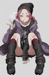  beanie black_footwear black_hat black_shirt cigarette commentary_request female full_body grey_background half-closed_eyes hat highres jacket jewelry leg_warmers lock long_sleeves looking_at_viewer mouth_hold multiple_rings necklace original partial_commentary purple_jacket red_eyes red_hair ring shirt shoes simple_background sitting smoke smoking sneakers socks solo striped_clothes striped_socks tabao w 