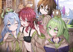  4girls ahoge archfiend_marmot_of_nefariousness aussa_(yu-gi-oh!) aussa_the_earth_charmer blue_eyes blue_hair blush book breasts brown_eyes brown_hair card coat commentary duel_monster eria_(yu-gi-oh!) eria_the_water_charmer fox_fire_(yu-gi-oh!) gigobyte glasses green_eyes green_hair hiita_(yu-gi-oh!) hiita_the_fire_charmer korean_commentary long_hair multiple_girls navel one_eye_closed petit_dragon red_eyes red_hair ribbed_sweater short_hair sweater verslll wings wynn_(yu-gi-oh!) wynn_the_wind_charmer yu-gi-oh! 