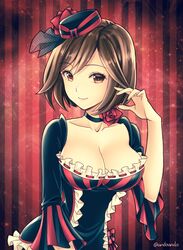  black_hat breasts brown_eyes brown_hair choker cleavage closed_mouth collarbone commentary_request female flower hair_between_eyes hat highres kirita_asami looking_at_viewer lorelei_(module) medium_breasts meiko_(vocaloid) mini_hat partial_commentary project_diva_(series) red_background red_flower red_rose rose short_hair smile solo striped striped_background twitter_username upper_body vocaloid 