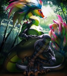  2021 american_mythology anthro aztec_mythology breasts claws clothed clothing day deity detailed_background digital_media_(artwork) feathered_scalie feathered_snake feathers female fivel forest grass green_body green_scales hi_res mesoamerican_mythology mythology non-mammal_breasts outside plant quetzalcoatl reptile scales scalie smile snake solo tail tongue tree 