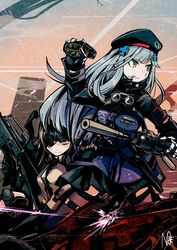  2girls acog assault_rifle beret black_hair commentary explosive eyepatch firing german_flag girls&#039;_frontline gloves green_eyes grenade grenade_pin grenade_pin_in_mouth grey_hair grip gun h&amp;k_hk416 hat highres hk416_(girls&#039;_frontline) m16 m16a1 m16a1_(girls&#039;_frontline) mineta_naoki multiple_girls necktie rifle suppressor throwing under_fire weapon 