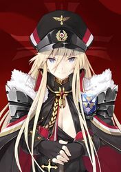  arrow_cross azur_lane bismarck_(azur_lane) bismarck_(beacon_of_the_iron_blood)_(azur_lane) bismarck_(coat_of_arms) black_cape black_gloves black_hat blonde_hair blue_eyes breasts buttons cane cape cleavage closed_mouth commentary_request cross cross_background diamond_(shape) female fingerless_gloves fingernails flag flag_background fur_trim gem gloves gold_trim hair_between_eyes hat hat_ornament heraldry highres holding iwasaki_takashi large_breasts latin_cross light_smile long_bangs long_hair long_sleeves looking_at_viewer military_hat multicolored_clothes multicolored_hat peaked_cap red_background red_gemstone red_hat reichsadler solo straight-on upper_body white_hat 