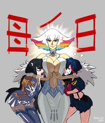  3girls absurdres bad_id bad_pixiv_id black_hair blue_eyes boots breast_smother breasts cleavage commentary dress epaulettes face_to_breasts family glowing glowing_hair headlock height_difference high_collar highres huge_breasts junketsu kill_la_kill kiryuuin_ragyou kiryuuin_satsuki kooni long_hair matoi_ryuuko mature_female mother&#039;s_day mother_and_daughter multicolored_hair multiple_girls navel pleated_skirt rainbow_hair red_hair school_uniform senketsu short_hair siblings sisters skirt smile stomach suspenders thick_eyebrows thigh_boots thighhighs translated two-tone_hair white_legwear 