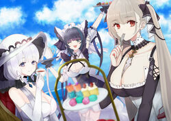  3girls ;d animal_band animal_ears apron azur_lane bare_shoulders between_breasts black_dress blue_gemstone blue_sky breasts cake cake_slice cheshire_(azur_lane) cleavage cloud commentary_request cup detached_collar detached_sleeves dress dutch_angle earrings elbow_gloves fake_animal_ears food formidable_(azur_lane) frilled_dress frilled_hairband frilled_ribbon frills fruit garter_straps gem gloves gothic_lolita grey_hair hair_ribbon hairband hat holding holding_cup holding_tray illustrious_(azur_lane) jewelry lace-trimmed_headwear lace_trim large_breasts lolita_fashion long_hair long_ribbon looking_at_viewer macaron maid_headdress multicolored_hair multiple_girls necktie necktie_between_breasts ocean one_eye_closed plate puffy_detached_sleeves puffy_sleeves purple_apron purple_eyes purple_hair red_eyes ribbon riku_amano1018 sky smile strapless strapless_dress strawberry strawberry_shortcake streaked_hair sun_hat teacup thighhighs tray twintails two-tone_dress two-tone_hair two-tone_ribbon very_long_hair water whipped_cream white_dress white_garter_straps white_gloves white_hair white_headwear white_thighhighs 